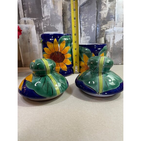 Mexican Blue Talavera Pottery Canister Set of 2 Sunflower w/ Lids - Picture 7 of 16
